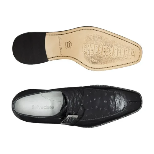 Shop Belvedere Josh Ostrich Monk Strap Shoes (114011) Black