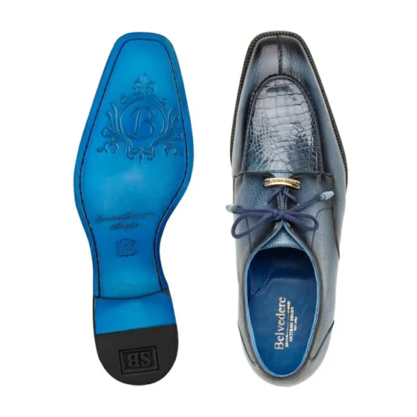 Discount Belvedere Primo Alligator & Pebble Grain Derby Ant. Blue Safari (R83) AntiqueBlueSafari