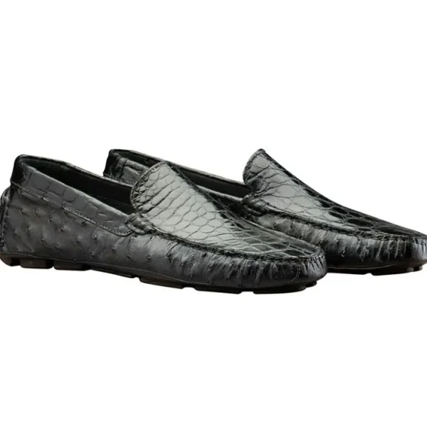 Best Sale Calzoleria Toscana 8675 Ostrich & Crocodile Driving Shoes Black