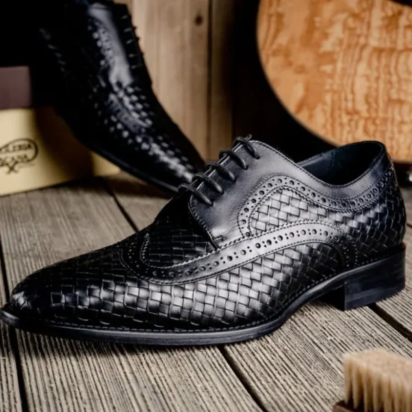 New Calzoleria Toscana Q979 Woven Wingtip Lace Up Shoes Black