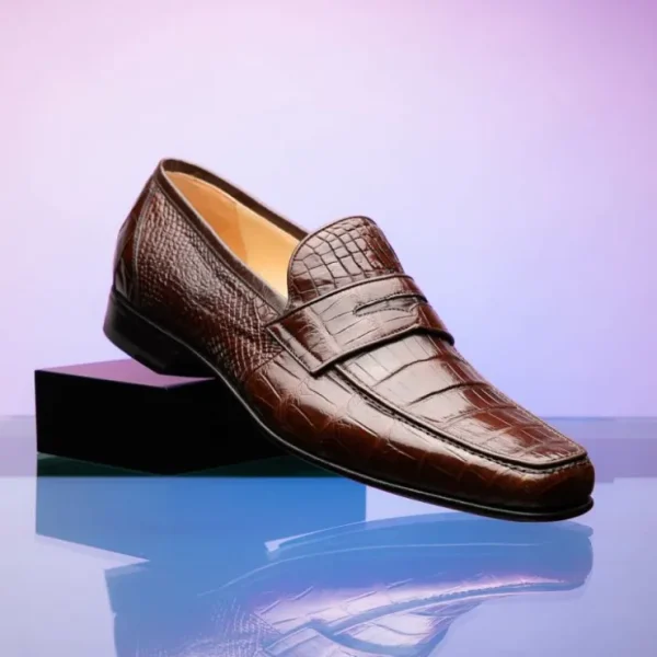 New Caporicci 9961 Genuine Alligator Penny Loafers Brown DarkBrown