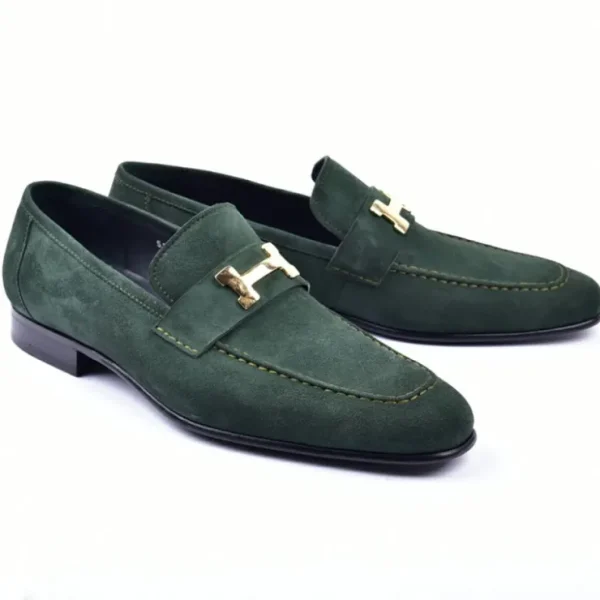 Shop Corrente 5760 Suede Gold H Buckle Loafers Green