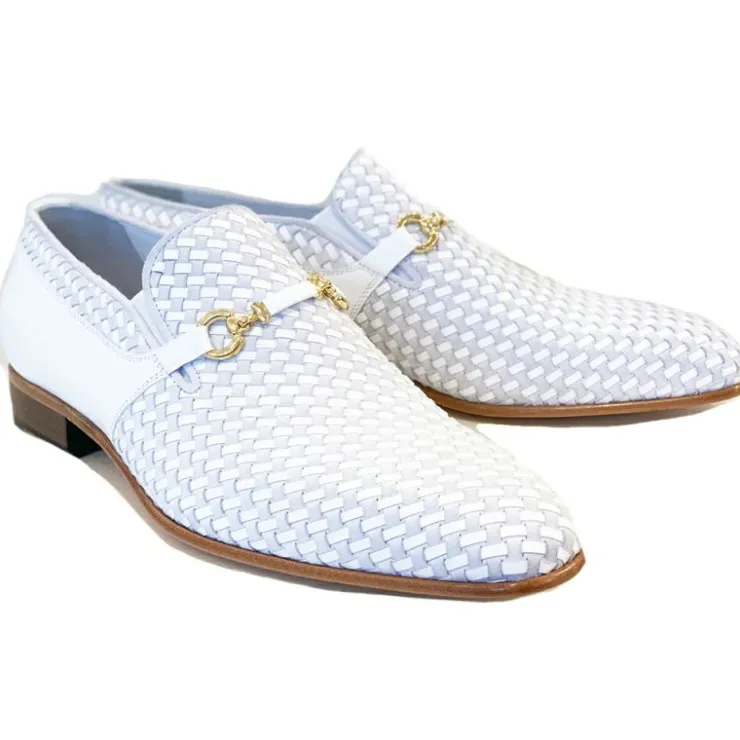 Cheap Corrente C0221-5776 Buckle Woven Loafer Shoes White