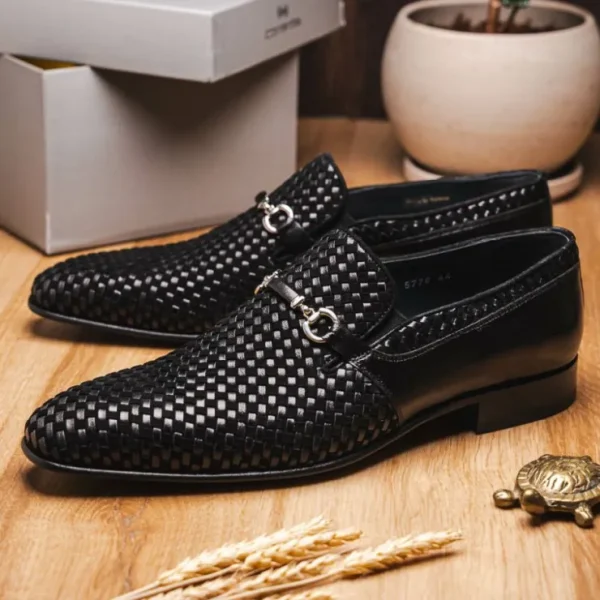 Fashion Corrente C022-5776 Buckle Woven Loafer Shoes Black