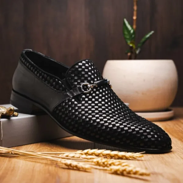 Fashion Corrente C022-5776 Buckle Woven Loafer Shoes Black