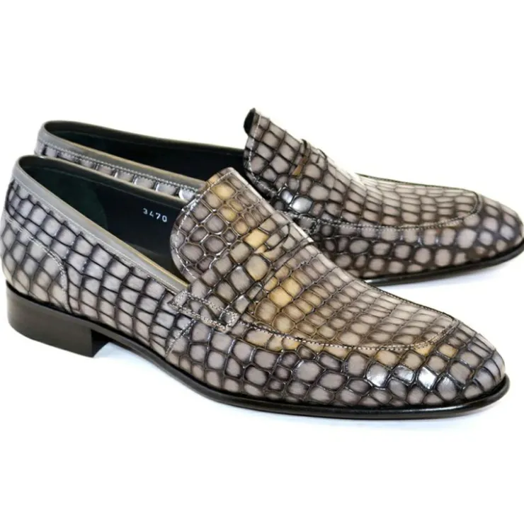 Online Corrente C017-3470 Croco Leather Loafer Shoes Grey