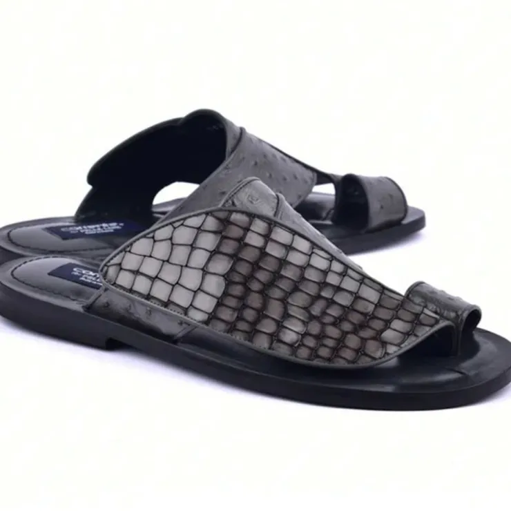 Best Corrente C0053-5830 Croco Print & Ostrich Leather Sandals Grey