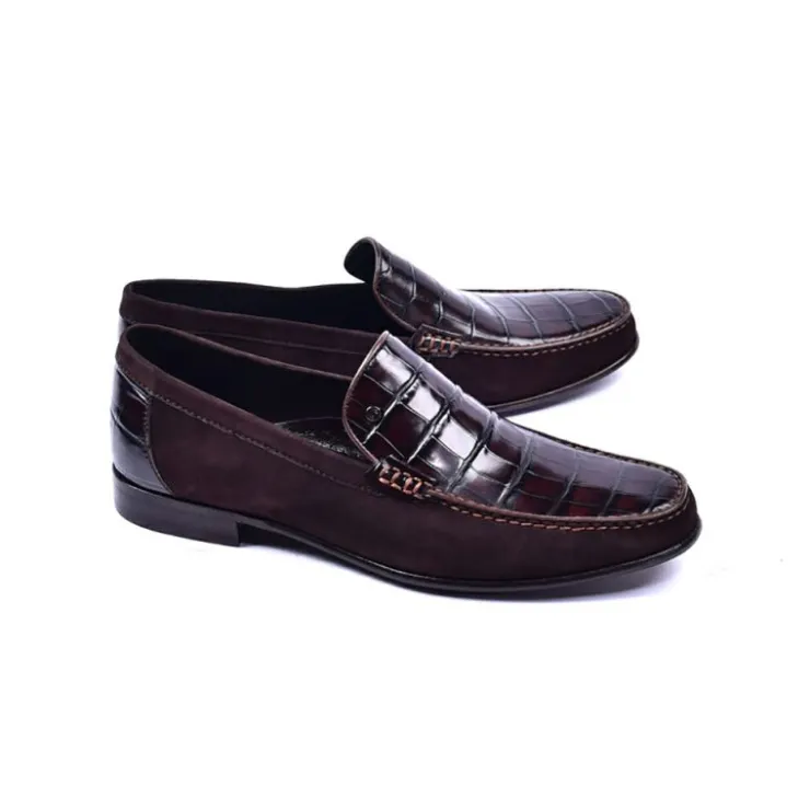 Store Corrente 3898C Handsewn Suede / Crocodile Print Loafers Brown