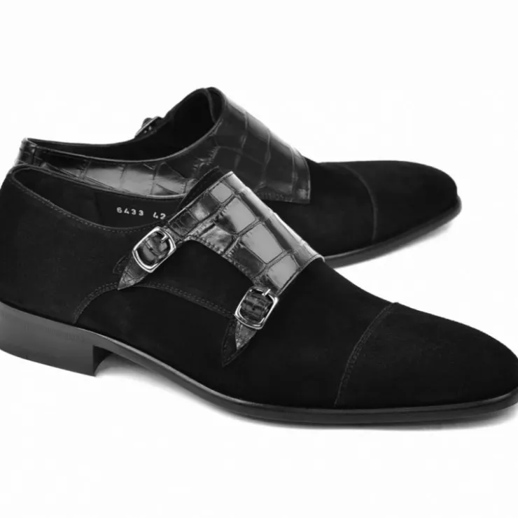 Store Corrente C00017-6433 Suede Cap Toe Monkstrap Black