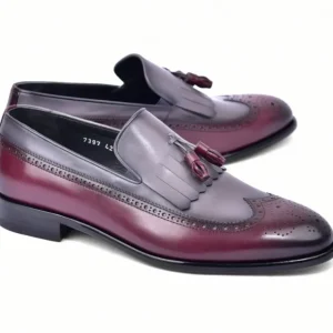 Store Corrente C00018-7397 Wing Tip Kiltie Tassel Loafer Burgundy / Grey