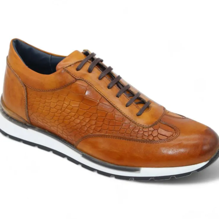 Discount Duca by Matiste Varsi Calfskin Croc Print Sneakers Cognac