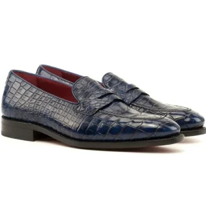 Clearance Emanuele Sempre Alligator Penny Loafers Navy