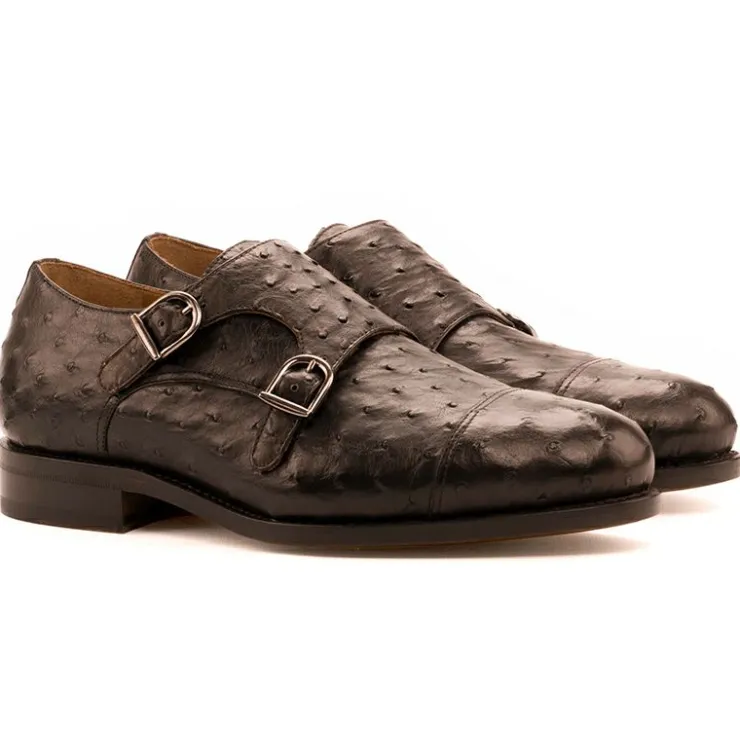 New Emanuele Sempre Double Monk Ostrich Shoes Dark Brown DarkBrown