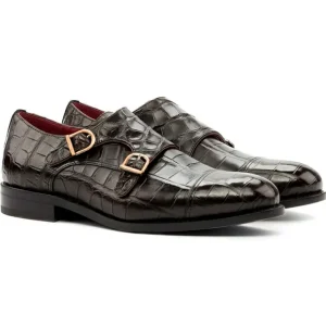 Shop Emanuele Sempre Double Monk Alligator Shoes Black/Dark Brown Black/DarkBrown