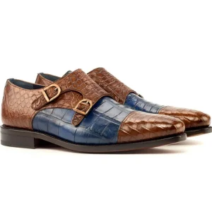 Hot Emanuele Sempre Double Monk Alligator Shoes Navy/Med Brown Navy/MedBrown