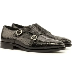 Best Emanuele Sempre Double Monk Exotic Alligator Shoes Black