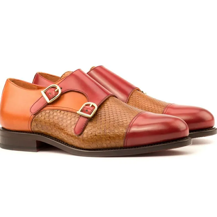 Store Emanuele Sempre Double Monk Python Shoes Cognac