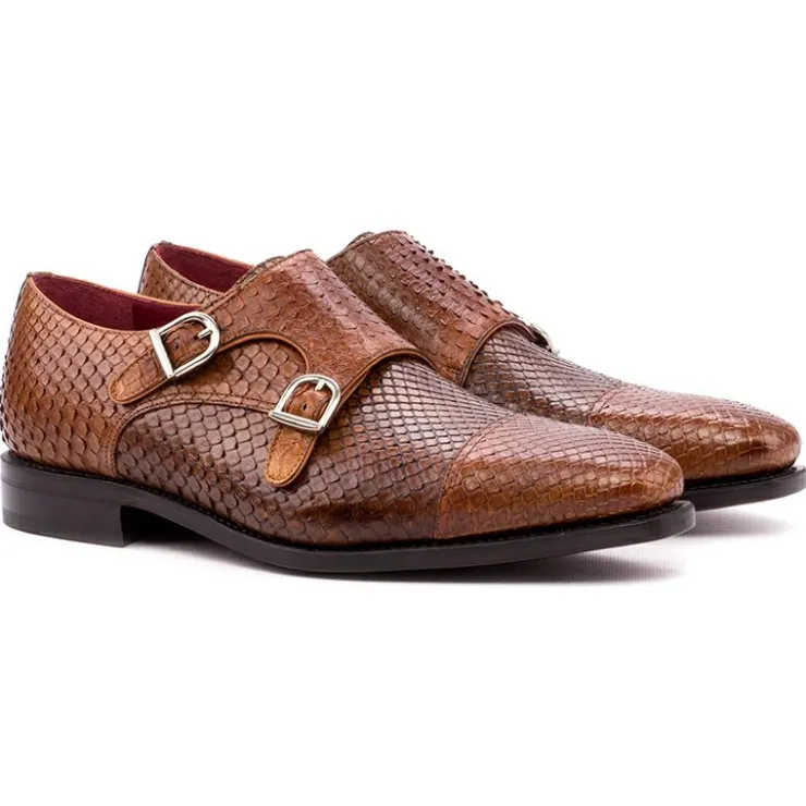 Fashion Emanuele Sempre Double Monk Python Shoes Cognac/Med Brown Cognac/MedBrown