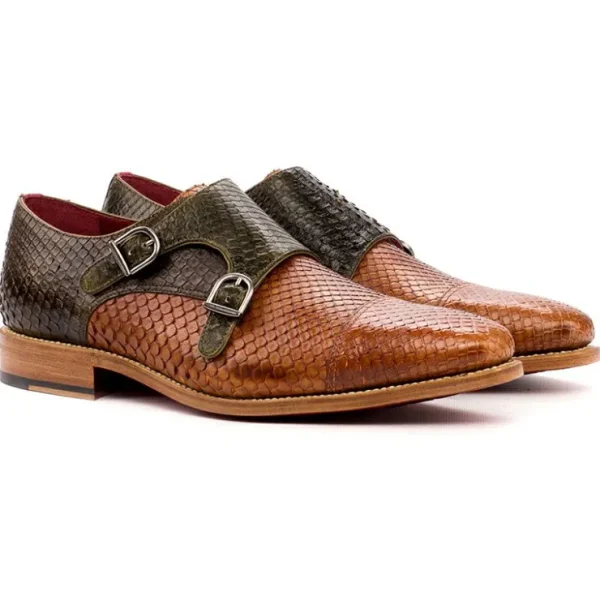 Clearance Emanuele Sempre Double Monk Python Shoes Cognac/Olive