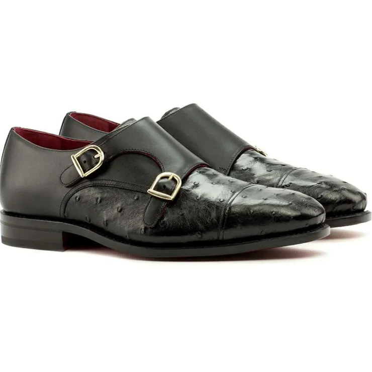 Shop Emanuele Sempre Double Monk Ostrich Shoes Black