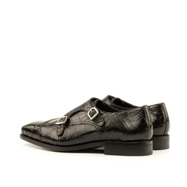 Best Emanuele Sempre Double Monk Exotic Alligator Shoes Black