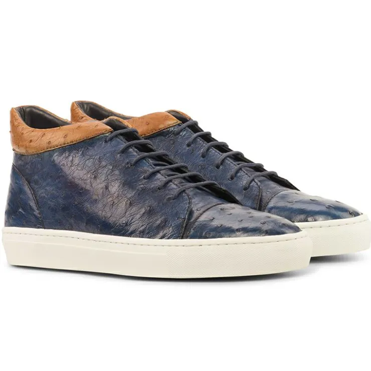 Cheap Emanuele Sempre High Top Ostrich Sneakers Navy/Cognac