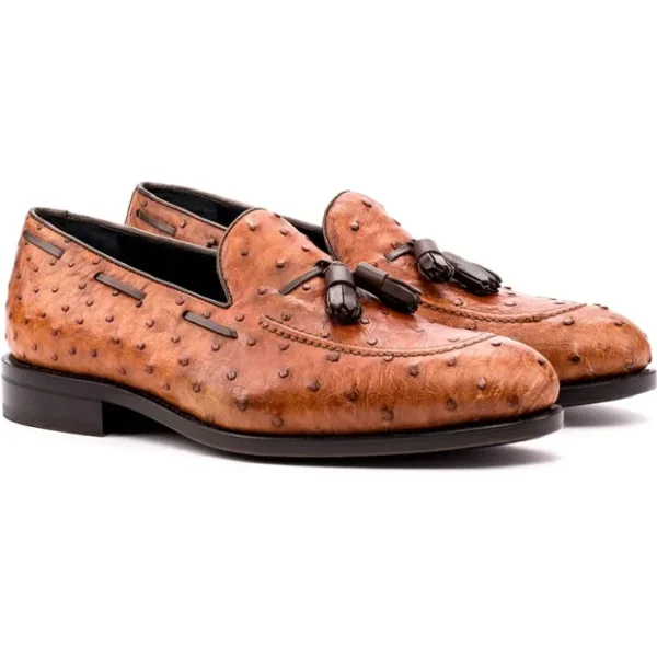 Sale Emanuele Sempre Ostrich Tassel Loafers Cognac / Dark Brown