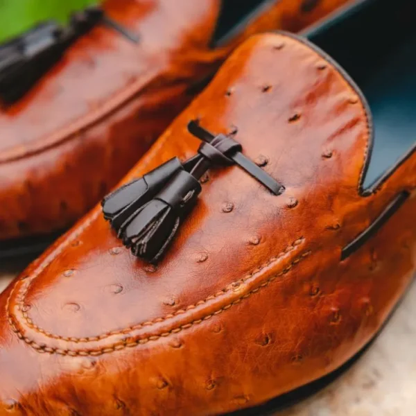 Sale Emanuele Sempre Ostrich Tassel Loafers Cognac / Dark Brown