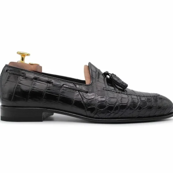 Best Harris Shoes 1913 Crocodile Leather Tassel Loafers Black