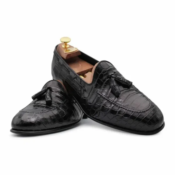 Best Harris Shoes 1913 Crocodile Leather Tassel Loafers Black