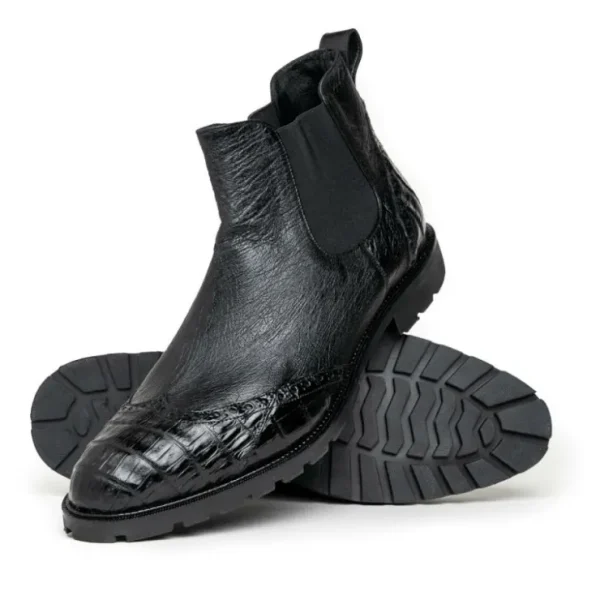 lombardy_caiman_belly_amp_1.webp Discount Lombardy Caiman Belly & Smooth Ostrich Chelsea Boots Black