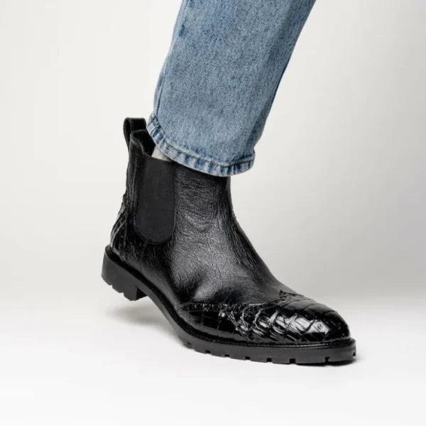 lombardy_caiman_belly_amp_10.webp Discount Lombardy Caiman Belly & Smooth Ostrich Chelsea Boots Black