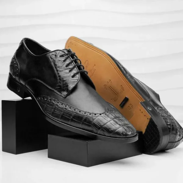 New Lombardy Caiman Belly & Calfskin Wingtip Shoes Black