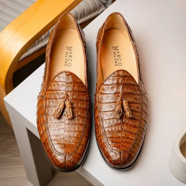 Discount Marco di Milano Bianchi Caiman Crocodile Tassel Loafers Cognac