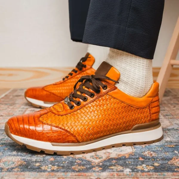 Discount Marco di Milano Roma Caiman Crocodile Woven Sneakers Brandy