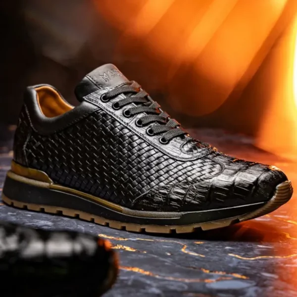 New Marco di Milano Roma Caiman Crocodile Woven Sneakers Black