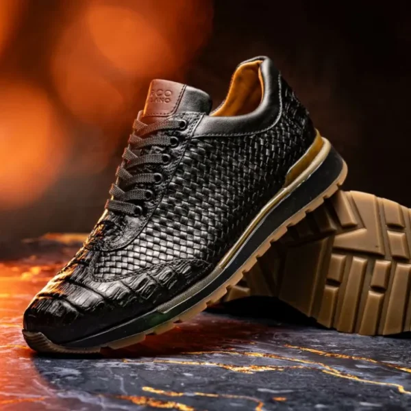 New Marco di Milano Roma Caiman Crocodile Woven Sneakers Black