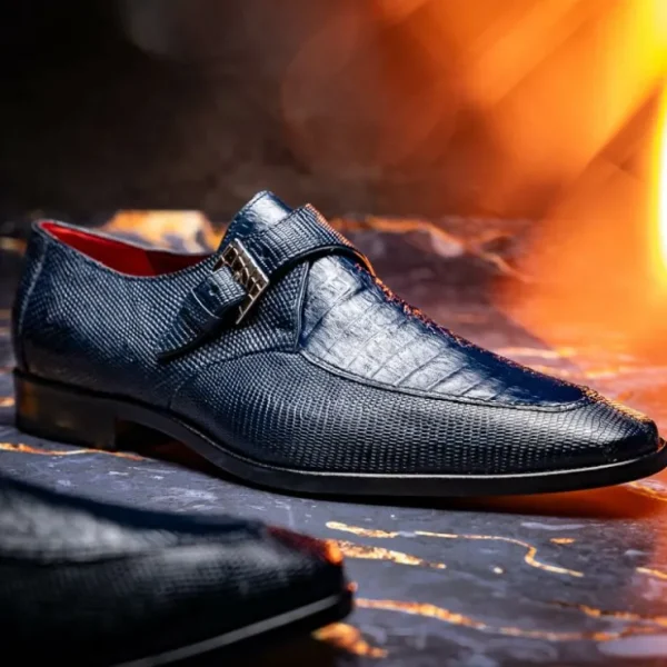 Store Marco di Milano Toluca Crocodile & Lizard Monk Strap Navy