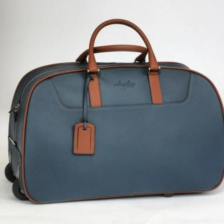 New Massimiliano Stanco Boston Trolley Bag Blue / Chestnut