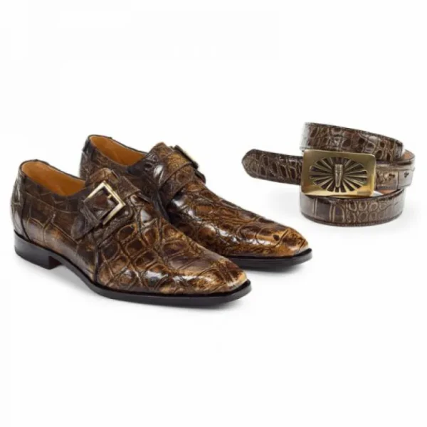 Fashion Mauri 1002 Alligator Monk Strap Shoes Burnished (Special Order) Brown