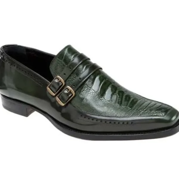 Discount Mauri 4361 Calfskin Ostrich Leg Monk Strap Loafers (Special Order) Green