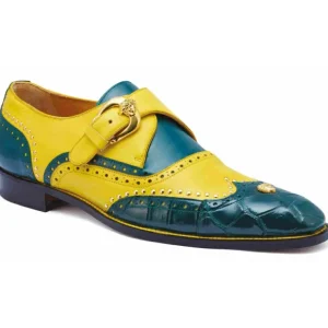 Shop Mauri 3051 Godfather Alligator Monk Strap Forest Green / Yellow (Special Order) ForestGreen/Yellow