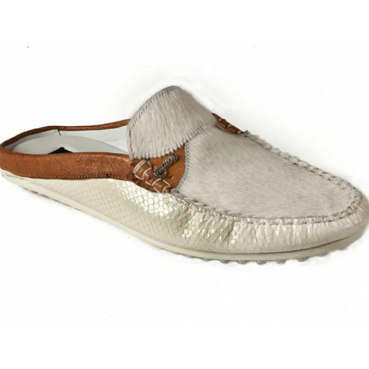 Outlet Mauri 3484 Leather / Ostrich / Pony Half Shoes Tan / White (Special Order)