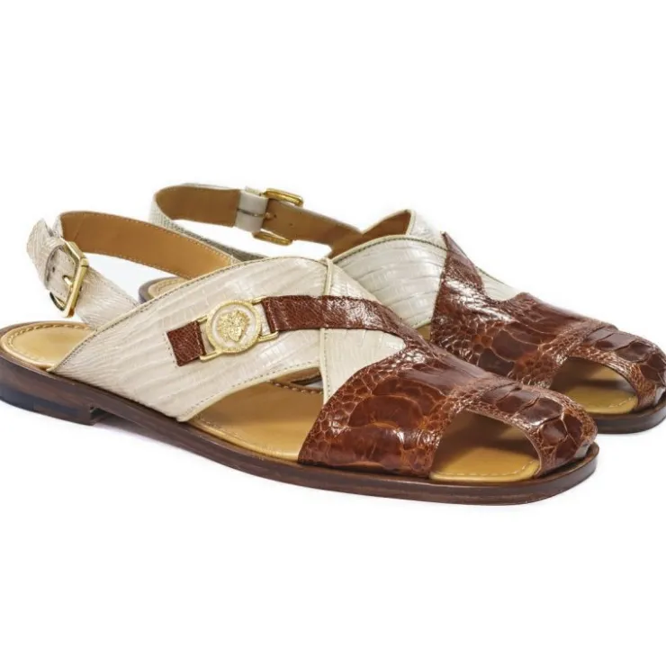 Outlet Mauri 5076 Romano Ostrich & Lizard Sandals Gold & Linen (Special Order) Gold/Linen