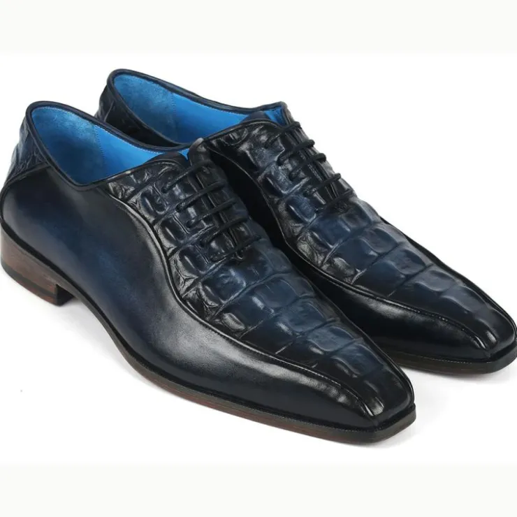 Store Paul Parkman Croco Textured Leather Bicycle Toe Oxfords Navy