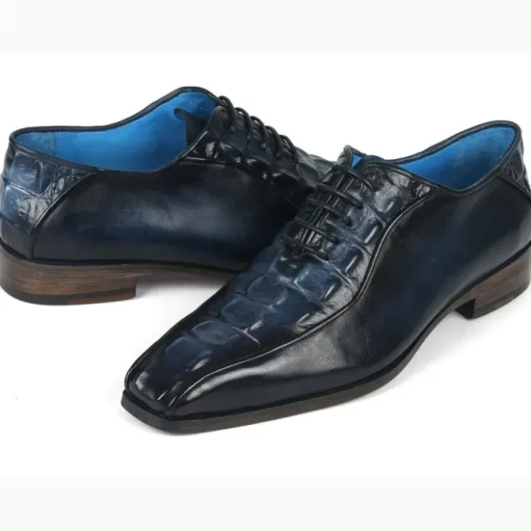 Store Paul Parkman Croco Textured Leather Bicycle Toe Oxfords Navy