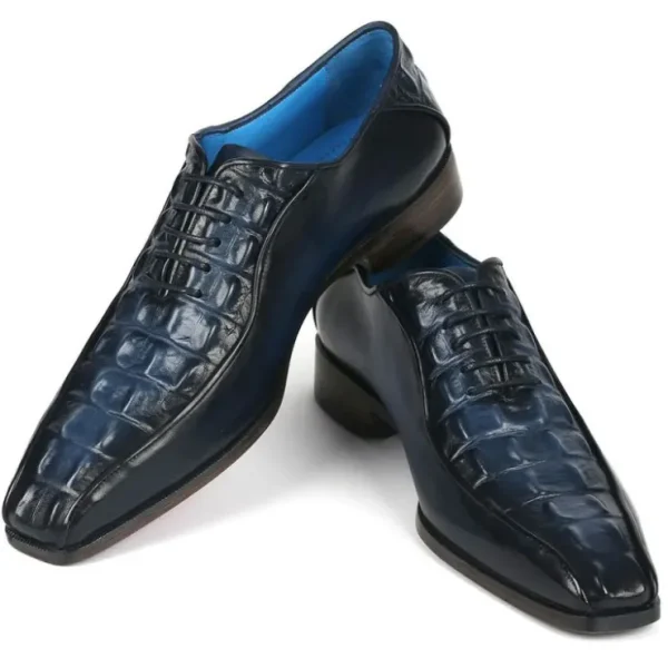 Store Paul Parkman Croco Textured Leather Bicycle Toe Oxfords Navy