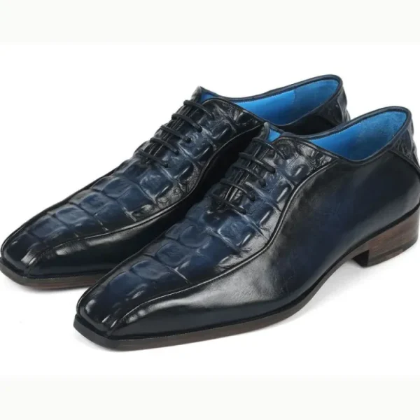 Store Paul Parkman Croco Textured Leather Bicycle Toe Oxfords Navy