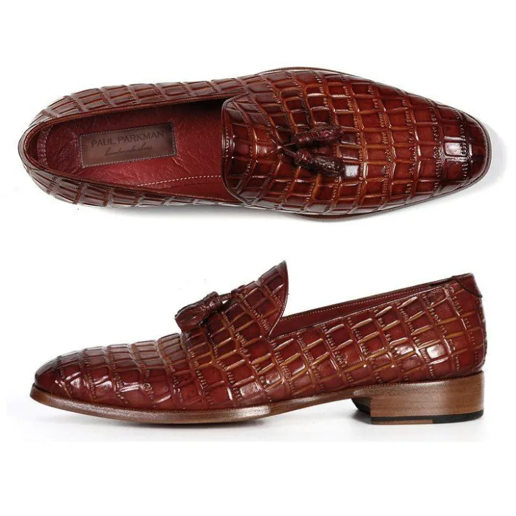 Discount Paul Parkman Crocodile Embossed Tassel Loafers Brown