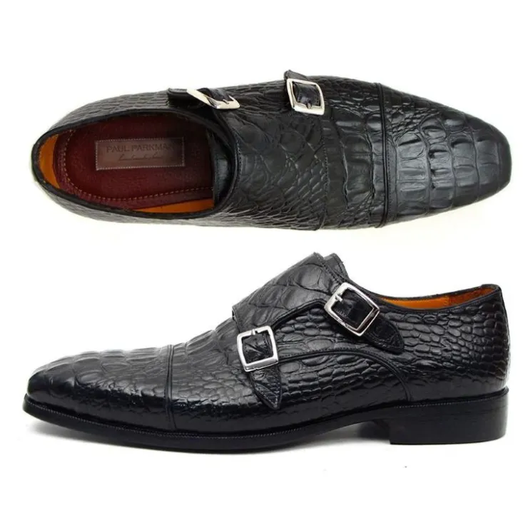 Best Sale Paul Parkman Crocodile Embossed Double Monk Strap Shoes Black